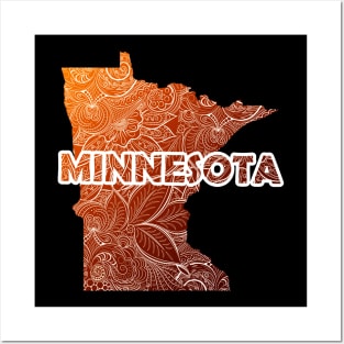 Colorful mandala art map of Minnesota with text in brown and orange Posters and Art